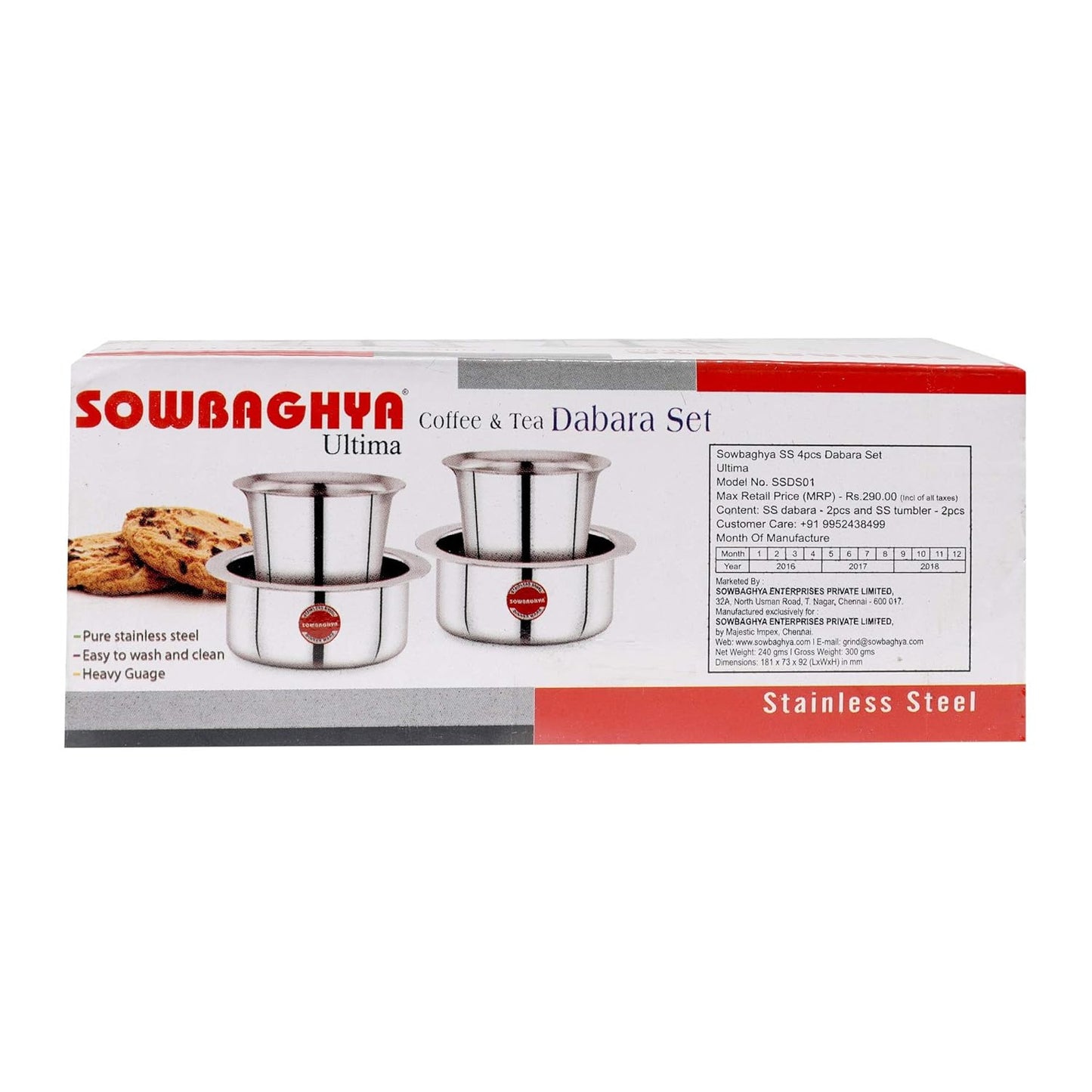 SOWBAGHYA Stainless Steel Dabara Set (4Pcs) | Dabara- 2 Nos, Tumbler- 2Nos| Tea Dabara Set | South Indian Coffee | Serving Drinkware | Stainless Steel Dabara Set