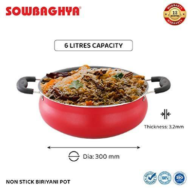 SOWBAGHYA Aluminium Biriyani Pot With Lid, 6L (RED) Handi | Patila | Bhagona | Tapeli with LID | Multipurpose Aluminium Cooking Utensils for Kitchen | Dishwasher Safe