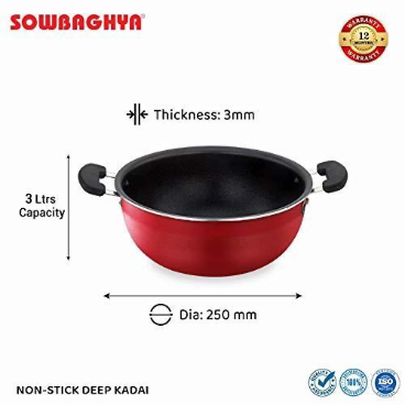 Sowbaghya Non Stick Deep kadai with SS Lid- 3Ltr
