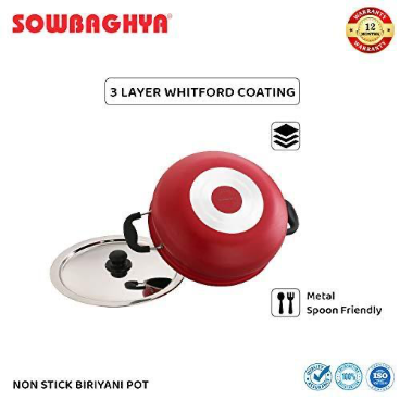 SOWBAGHYA Aluminium Biriyani Pot With Lid, 6L (RED) Handi | Patila | Bhagona | Tapeli with LID | Multipurpose Aluminium Cooking Utensils for Kitchen | Dishwasher Safe