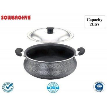 SOWBAGHYA Aluminium Biriyani Pot With Lid, 2 L (Black) Handi | Patila | Bhagona | Tapeli with LID | Multipurpose Aluminium Cooking Utensils for Kitchen | Dishwasher Safe