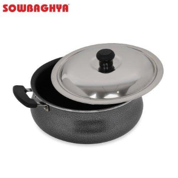 SOWBAGHYA Aluminium Biriyani Pot With Lid, 2 L (Black) Handi | Patila | Bhagona | Tapeli with LID | Multipurpose Aluminium Cooking Utensils for Kitchen | Dishwasher Safe