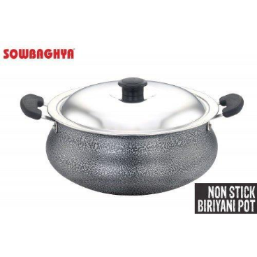 SOWBAGHYA Aluminium Biryani Pot with Lid, 3 Liters (Black) Handi, Patila, Bhagona, Tapeli with LID, Multipurpose Aluminium Cooking Utensil for Kitchen, Dishwasher Safe, Metal Spoon Friendly, Non-Stick