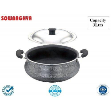 SOWBAGHYA Aluminium Biryani Pot with Lid, 3 Liters (Black) Handi, Patila, Bhagona, Tapeli with LID, Multipurpose Aluminium Cooking Utensil for Kitchen, Dishwasher Safe, Metal Spoon Friendly, Non-Stick