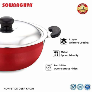 Sowbaghya Non Stick Deep kadai with SS Lid- 3Ltr