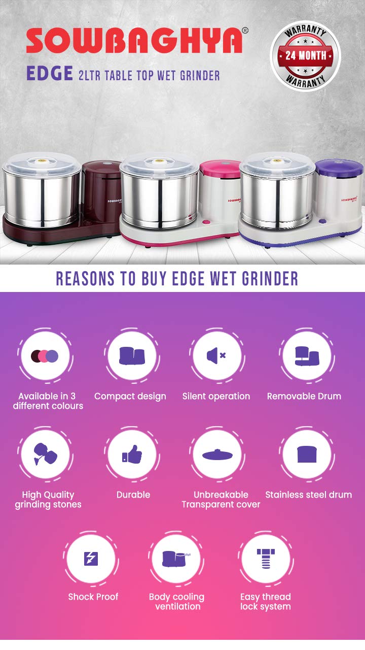 SOWBAGHYA Plastic Edge 2Ltr 150W Wet Grinder, Maroon Table Top Wet Grinder Machine | Heavy Duty Motor | Ideal For Your Kitchen | 2Ltr Wet Grinder For All Kinds Of Batter For South Indian Dishes